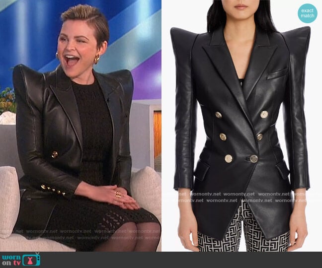 Balmain Long Double-Breasted Black Leather Blazer