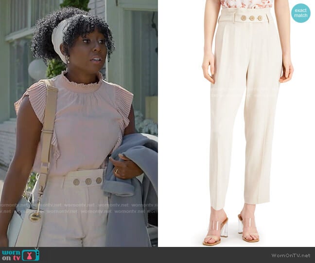 Bar III High-Waisted Button-Front Linen Pants worn by Brit Monclair (Sasha Compère) on Single Drunk Female