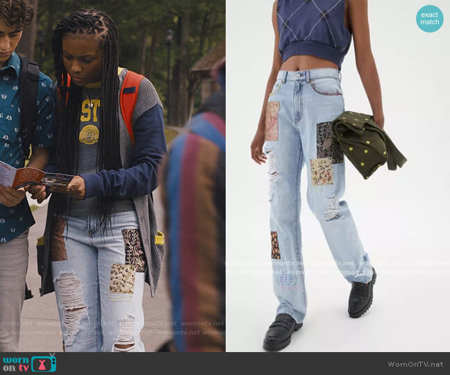 BDG High Waisted Cowboy Jean in Printed Patchwork worn by Naomi McDuffie (Kaci Walfall) on Naomi