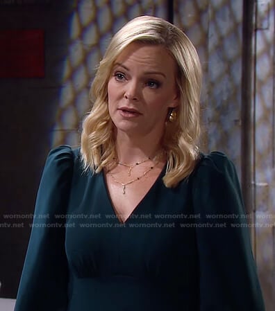 Belle’s green v-neck puff sleeve dress on Days of our Lives