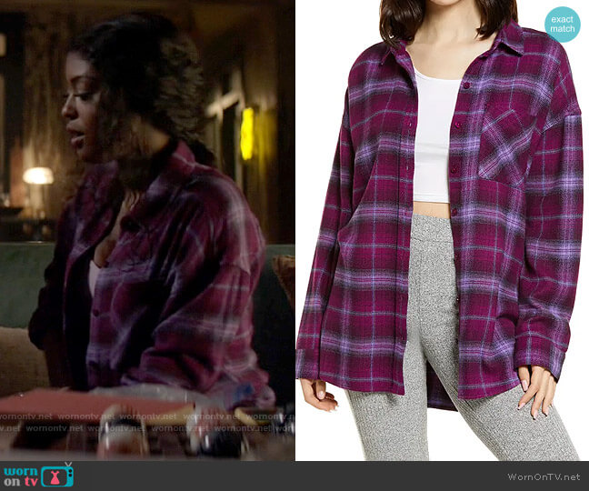 BP Boyfriend Plaid Button-Up Shirt in Purple Jess Plaid worn by Ryan Wilder (Javicia Leslie) on Batwoman