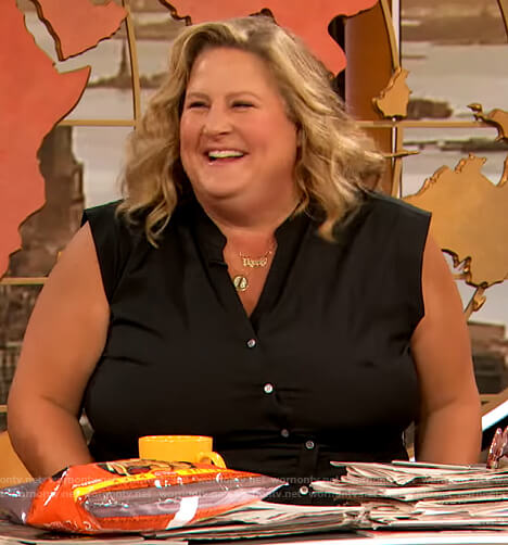 Bridgett Everett’s black asymmetric button down dress on The Drew Barrymore Show
