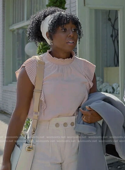 Brit’s blush pink ruffled trim top and button detail pants on Single Drunk Female