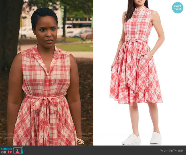 Calvin Klein Banded Collar Sleeveless Plaid Button-Front Belted Shirt Dress