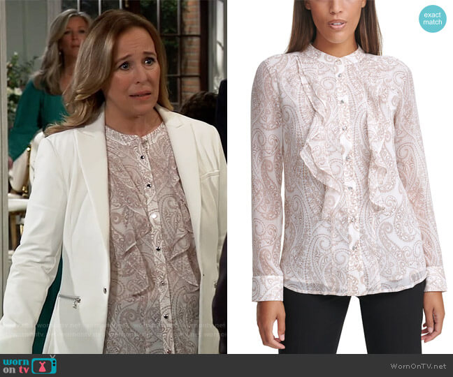 Calvin Klein Paisley-Print Ruffle Blouse worn by Laura Collins (Genie Francis) on General Hospital