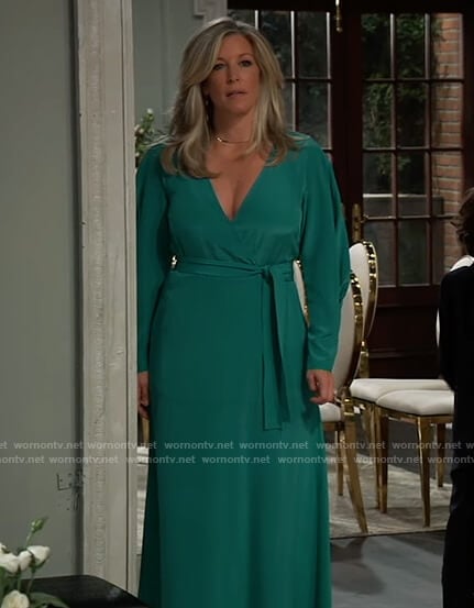 Carly’s teal long sleeve wrap dress on General Hospital