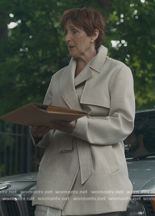 Caroline’s beige wrap jacket on Killing Eve