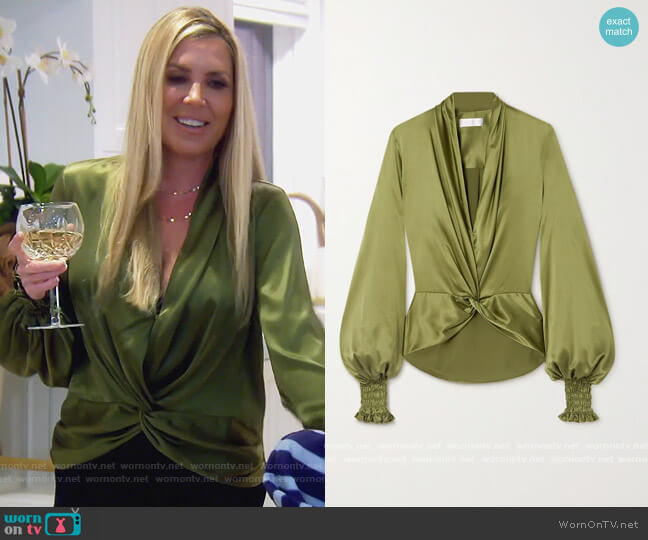 Caroline Caonstas Bette twist-front silk-blend satin blouse worn by Dr. Jen Armstrong on The Real Housewives of Orange County
