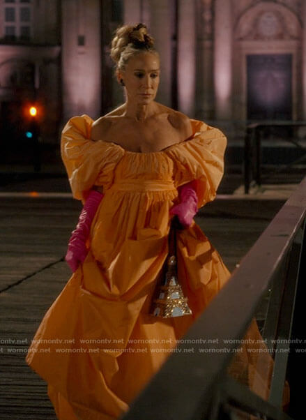 Carrie’s orange gown in Paris and Eiffel Tower bag on And Just Like That