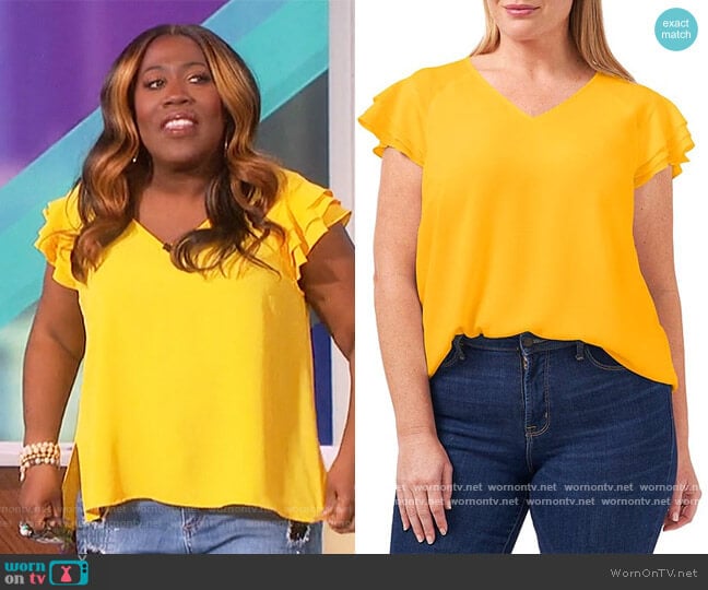 CeCe Flutter Sleeve V-Neck Cap Sleeve Blouse worn by Sheryl Underwood on The Talk