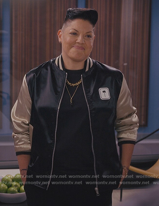 Che’s palm patch colorblock bomber jacket on And Just Like That