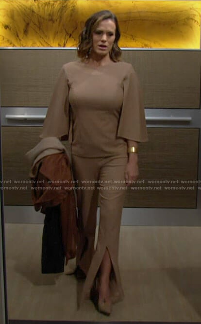 Chelsea’s camel cape sleeve top and split front pants on The Young and the Restless