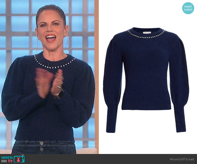 Cinq a Sept Dara Embellished Sweater worn by Natalie Morales on The Talk
