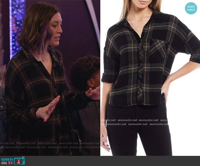Cloth and Stone Plaid Long Roll-Tab Sleeve Fray Hem Point Collar Button Front Shirt worn by Sarah (Caitlin McGee) on Home Economics