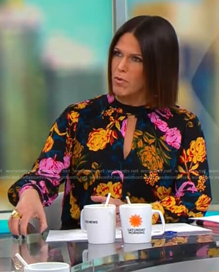 Dana Jacobson’s floral keyhole cutout blouse on CBS Saturday Morning