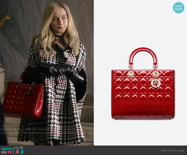 Dior Large Lady Dior Bag in Cherry Red Patent Cannage Calfskin worn by Anna Delvey (Julia Garner) on Inventing Anna