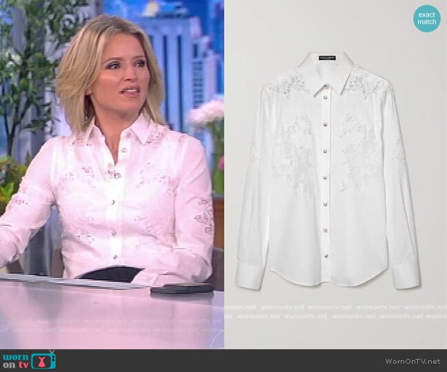 Dolce & Gabbana Chantilly lace-paneled cotton-blend poplin shirt worn by Sara Haines on The View