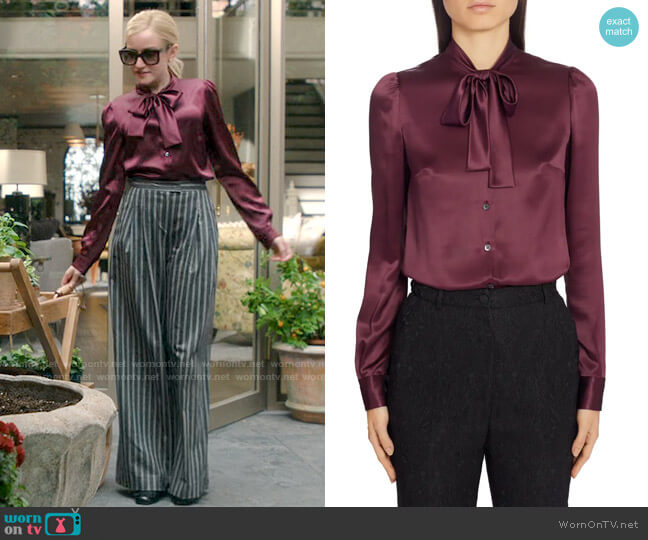 Dolce & Gabbana Tie Neck Stretch Satin Blouse worn by Anna Delvey (Julia Garner) on Inventing Anna