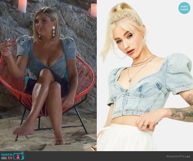 Dolls Kill Buying Time Denim Puff Sleeve Top worn by Gina Kirschenheiter on The Real Housewives of Orange County