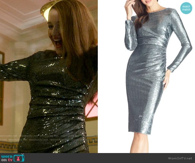 Dress the Population Emilia Dress in Gunmetal worn by Anna Delvey (Julia Garner) on Inventing Anna