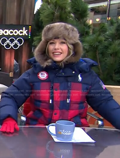 Dylan’s navy and red check puffer jacket and hat on Today