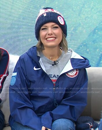 Dylan’s grey print top and beanie on Today
