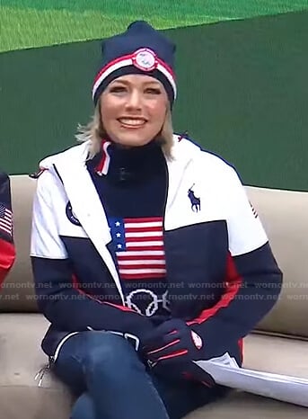 Dylan’s white and navy colorblock puffer jacket on Today