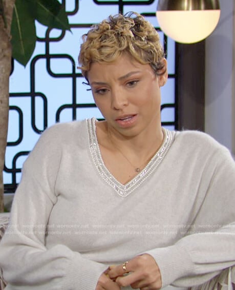 Elena’s beaded trim v-neck sweater on The Young and the Restless