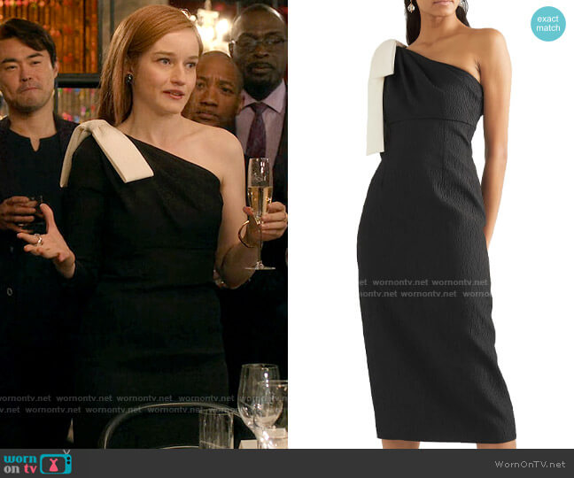 Emilia Wickstead Nadia one-sleeve bow-detailed cloqué dress worn by Anna Delvey (Julia Garner) on Inventing Anna