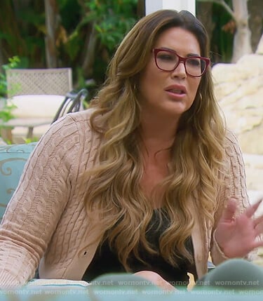 Emily’s beige cable knit cardigan on The Real Housewives of Orange County