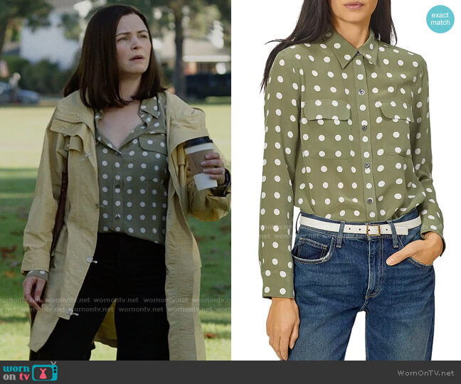 Equipment Slim Signature Silk Shirt in Vrt Mlt Nt worn by Jodie (Ginnifer Goodwin) on Pivoting