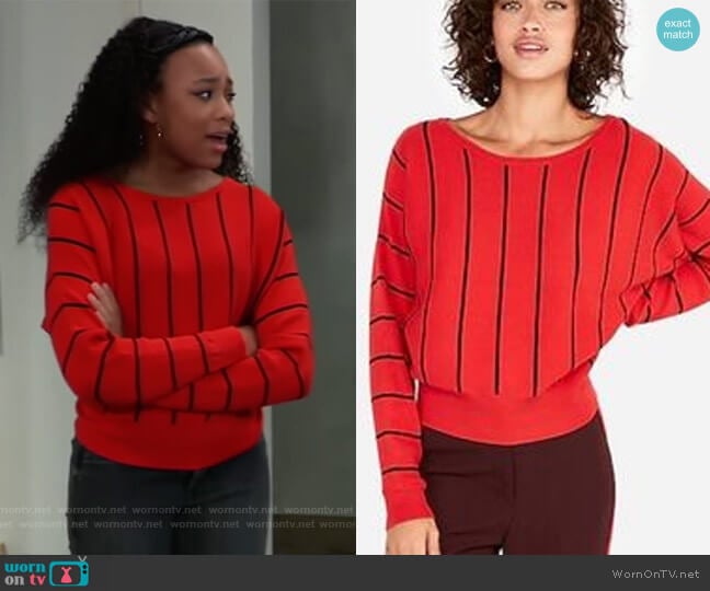 Express Red Stripe knit sweater worn by Trina (Sydney Mikayla) on General Hospital