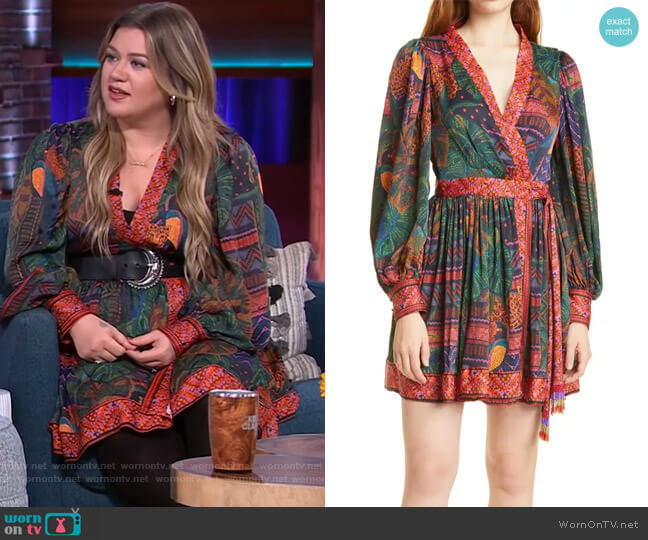 Farm Rio Forest Tapestry Long Sleeve Wrap Minidress worn by Kelly Clarkson on The Kelly Clarkson Show