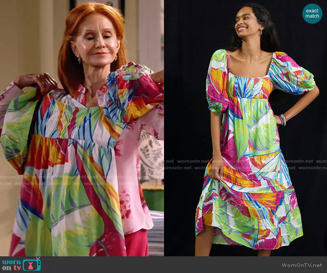 Farm Rio Rainbow Leaves Midi Dress worn by Sheila (Swoosie Kurtz) on Call Me Kat