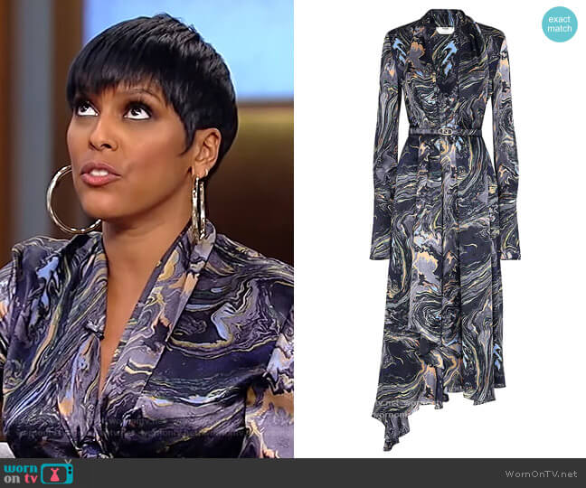 Fendi Karligraphy Marble Print Asymmetric Long Sleeve Crepe Satin Dress worn by Tamron Hall on Tamron Hall Show