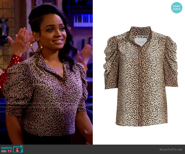 Frame Gillian Top in Leopard worn by Randi (Kyla Pratt) on Call Me Kat