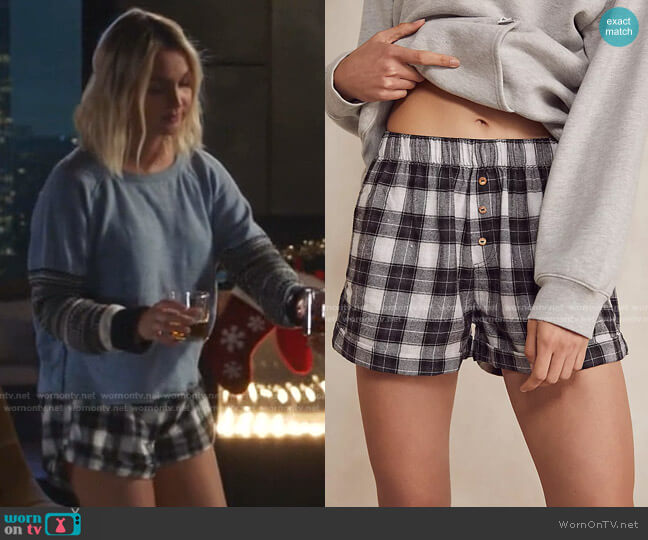 Free People Sunday Morning Boxer Shorts in Black Plaid Combo worn by Jo Wilson (Camilla Luddington) on Greys Anatomy