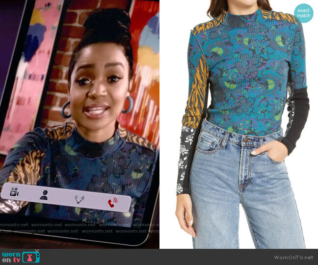 Free People Meadow Mix Top in Blue Combo worn by Randi (Kyla Pratt) on Call Me Kat