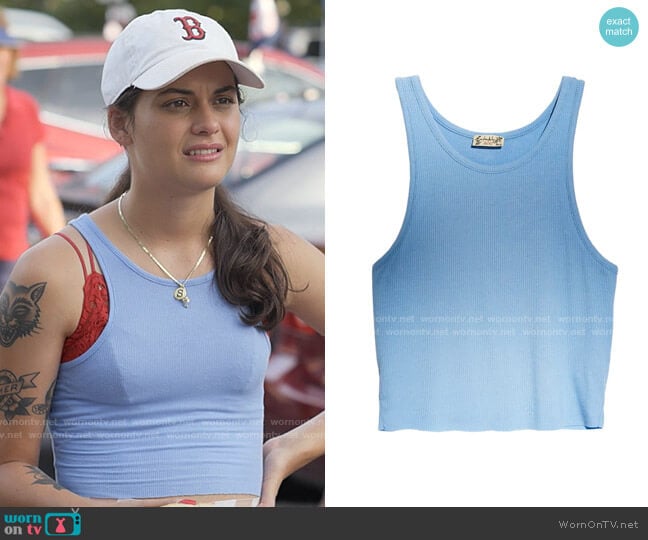Free People Ribbed Crop Tank Top in Sky Blue worn by Samantha Fink (Sofia Black-D'Elia) on Single Drunk Female