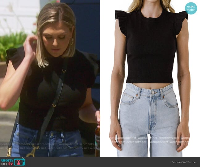 Free the Roses Ruffle Shoulder Cotton Blend Knit Top worn by Gina Kirschenheiter on The Real Housewives of Orange County