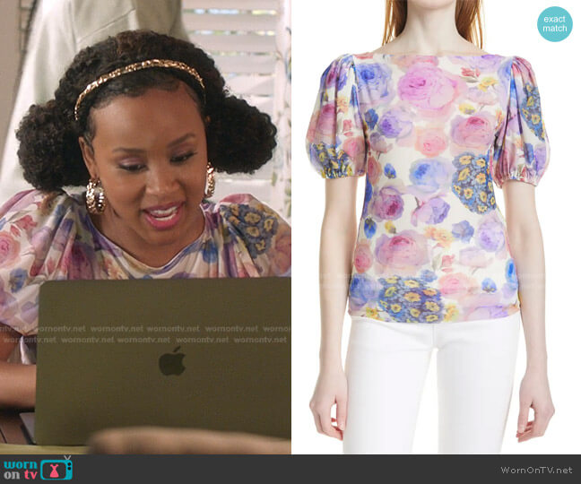 Ganni Floral Print Puff Sleeve Top worn by Olivia Lockhart (Katlyn Nichol) on Black-ish