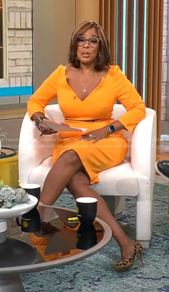Gayle King’s orange v-neck dress on CBS Mornings