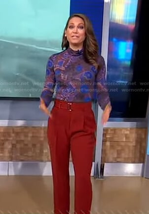 Ginger’s floral top and red belted pants on Good Morning America