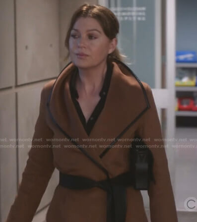 Meredith’s brown leather trim wrap coat on Greys Anatomy
