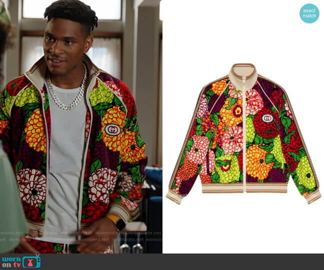 Gucci Ken Scott print zip-up jacket worn by Christian King (Ashlee Brian) on The Kings of Napa