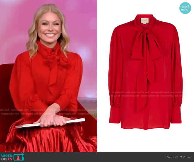 Gucci Tie-Neck Silk Blouse worn by Kelly Ripa on Live with Kelly and Mark