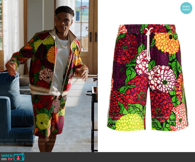 Gucci Ken Scott floral-print track shorts worn by Christian King (Ashlee Brian) on The Kings of Napa