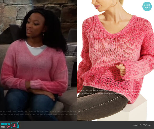 Guess Ariane V-neck Loose-Knit Sweater worn by Trina (Sydney Mikayla) on General Hospital