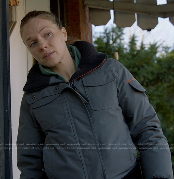 Hailey’s grey jacket with orange stripe on Chicago PD