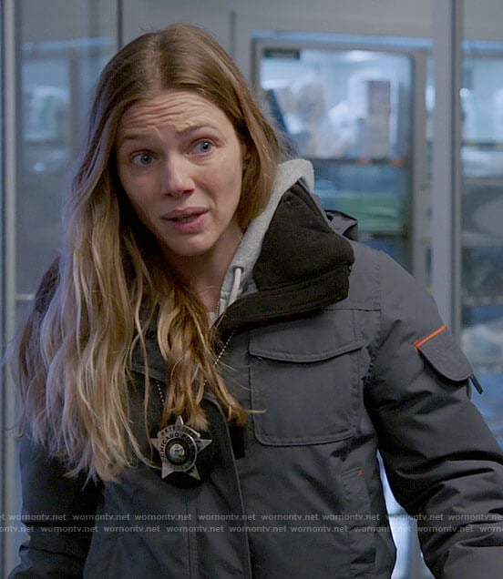Hailey’s grey jacket with orange stripe on Chicago PD